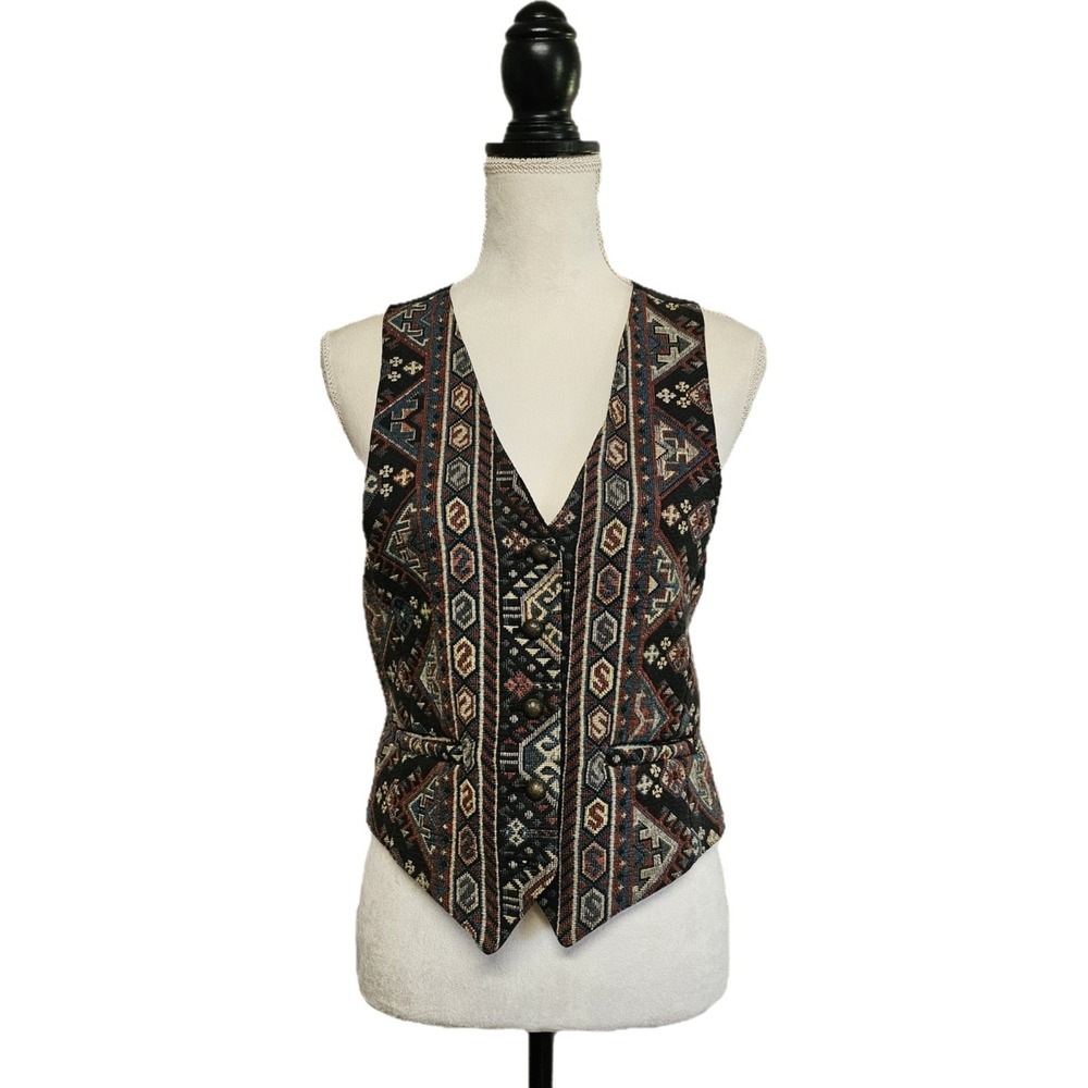 Vintage‎ 90s Karen Kane Tribal Southwest Tweed Tie-Back Vest Sz M Aztec Western